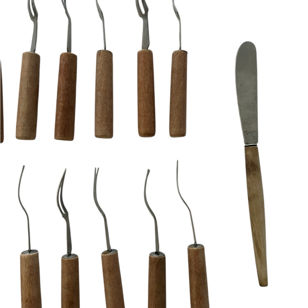 Cocktail  Appetizer Forks And Knife Small Stainless Steel & Wood 15 Pc Vintage - Picture 13 of 15